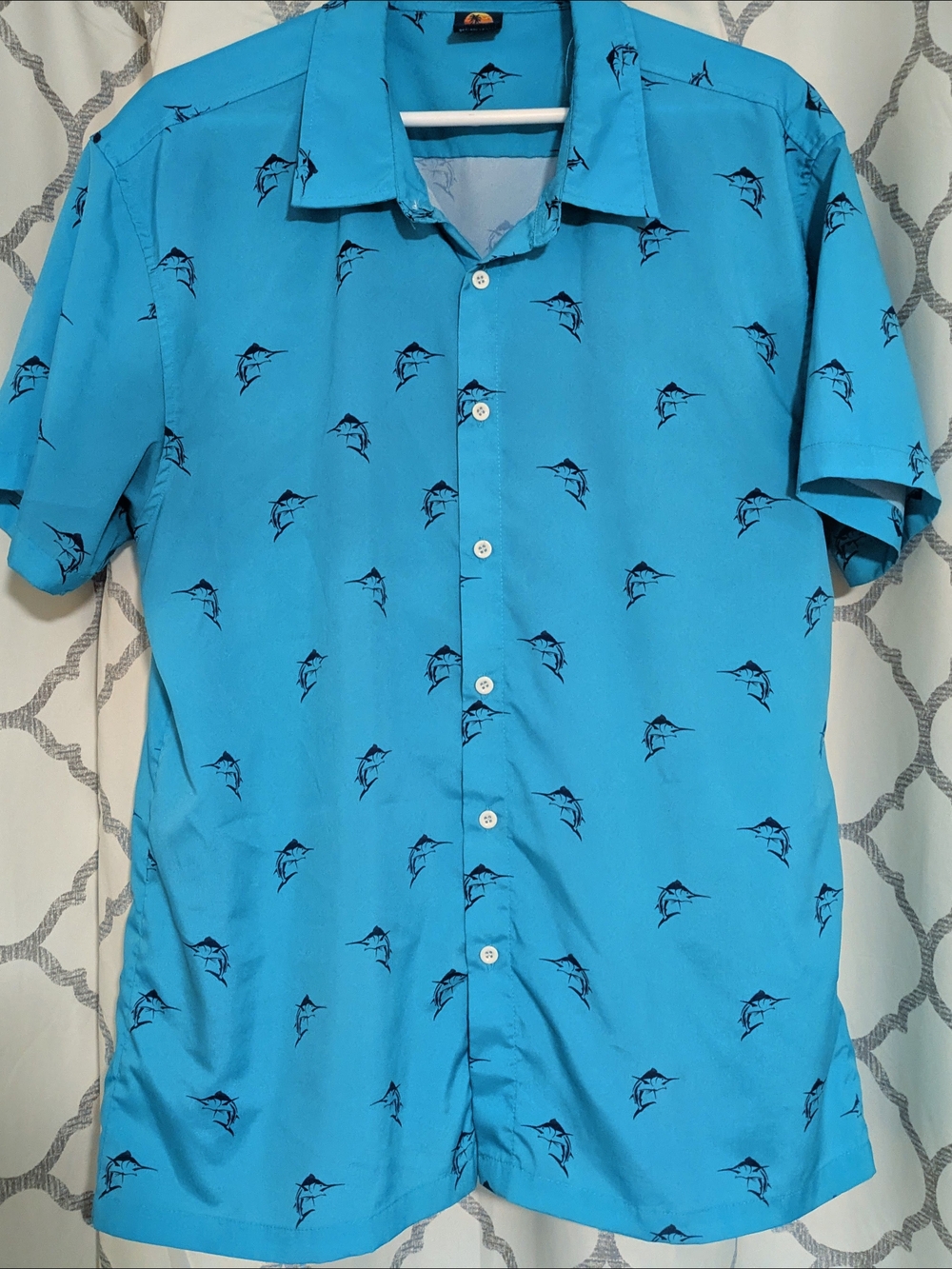 Men's Short-Sleeve Button-Down Shirt in Bright Blue with Marlin Print